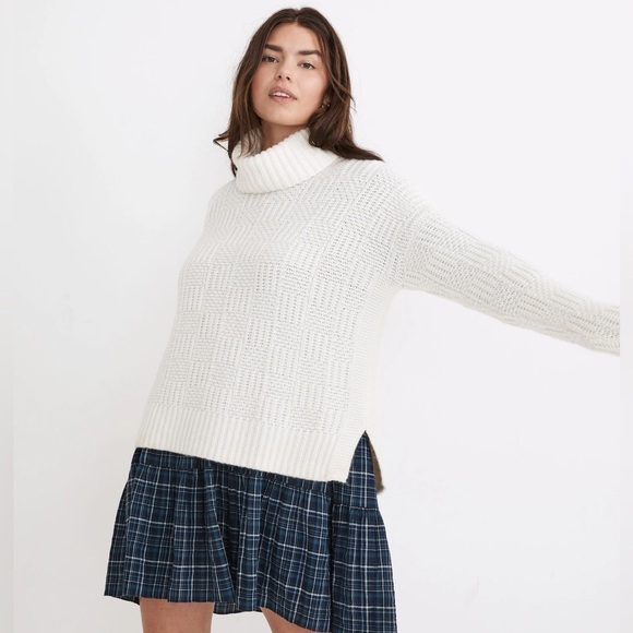 Madewell Checkered Turtleneck Wool Alpaca Oversized Sweater Cream Ivory Size XS - Picture 1 of 17